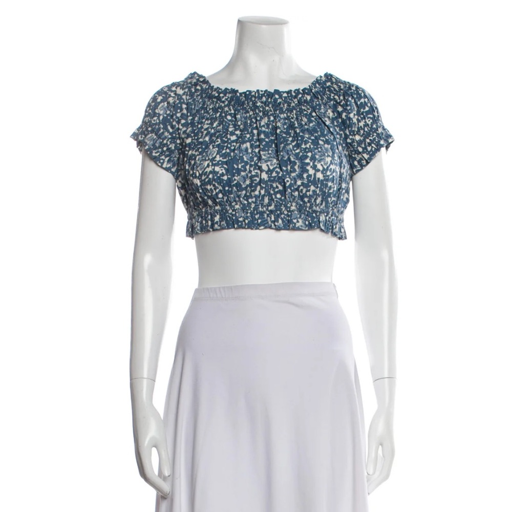 Ulla Johnson Printed Bateau Neckline Crop Top Blue floral